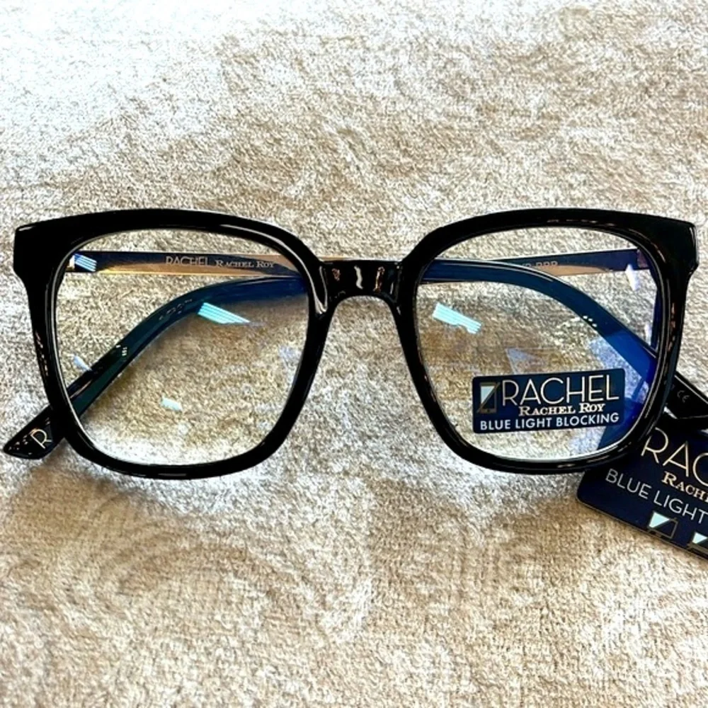 Brand New Rachel Roy Blue Light Blocking Round Glasses Black Frame Gold Tone Arm